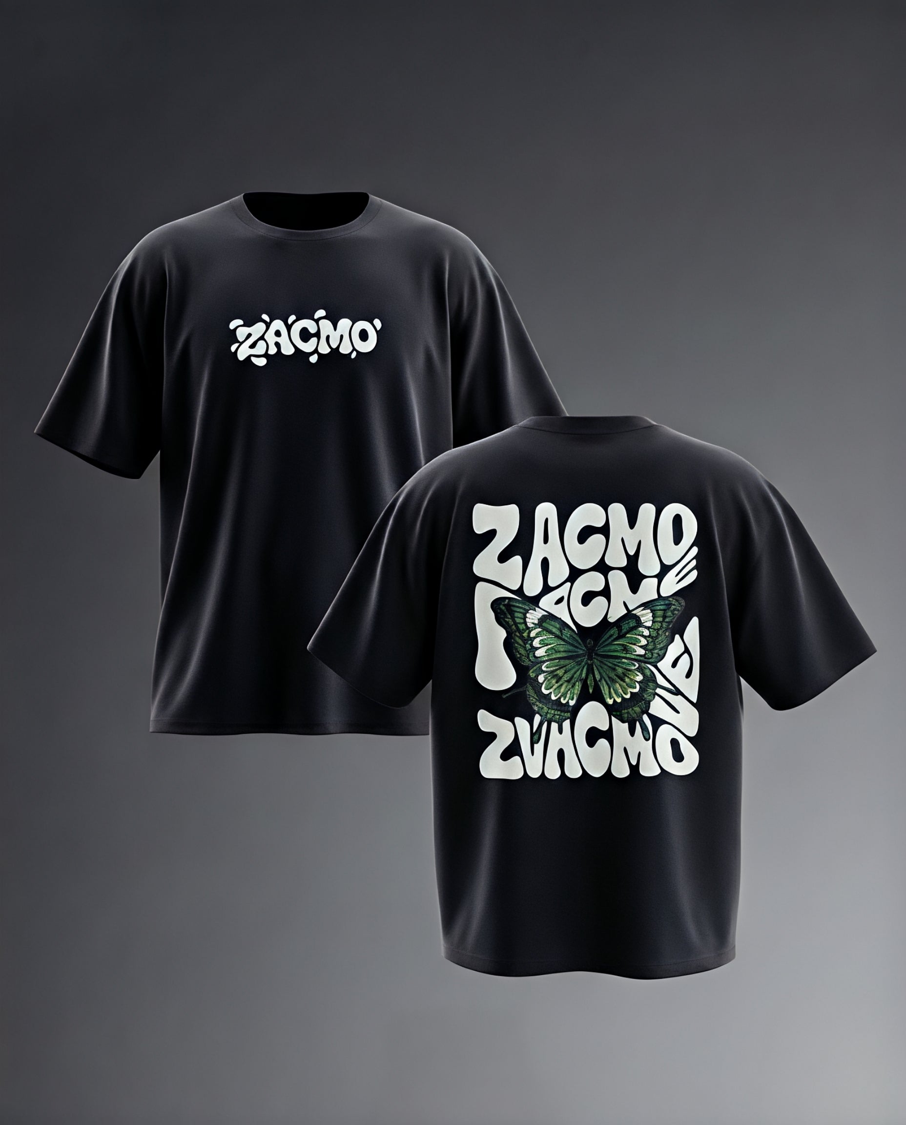 ZACMO Oversized T-Shirt for Men, Black, Butterfly Back Print, Short Sleeve, Crew Neck