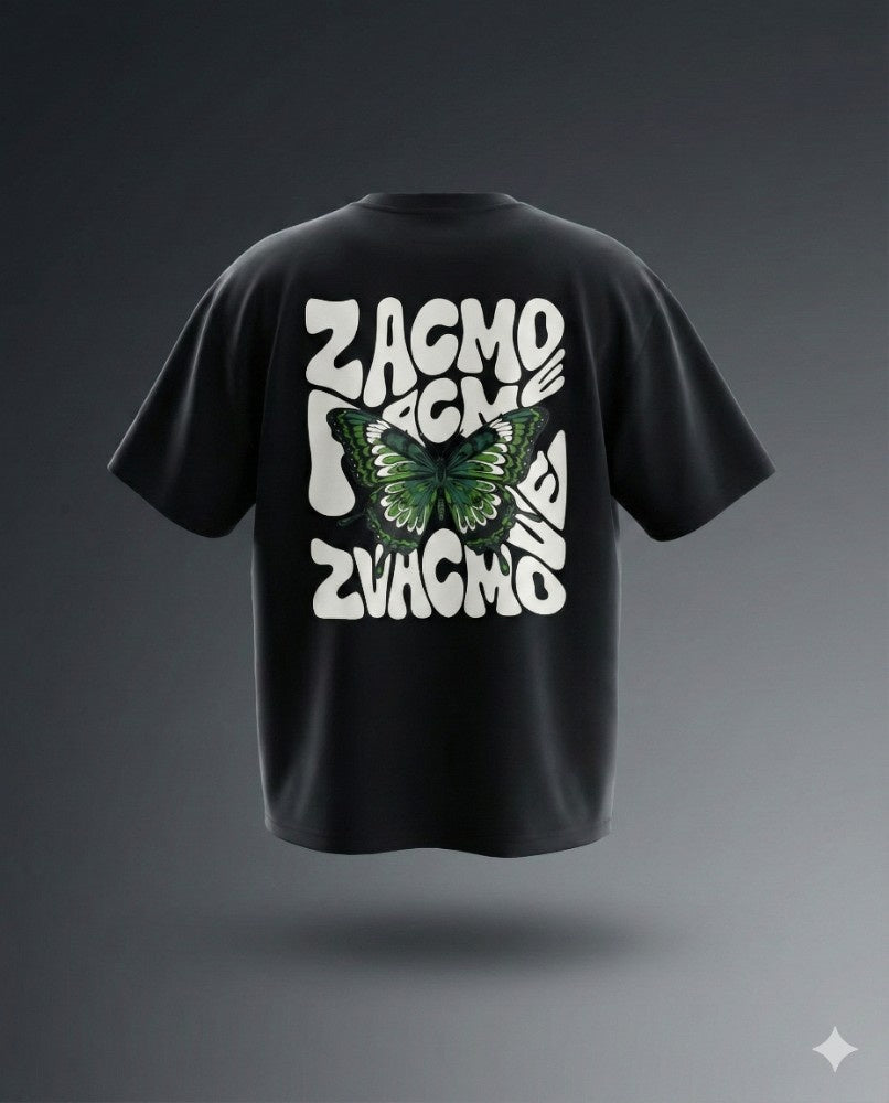 ZACMO Oversized T-Shirt for Men, Black, Butterfly Back Print, Short Sleeve, Crew Neck